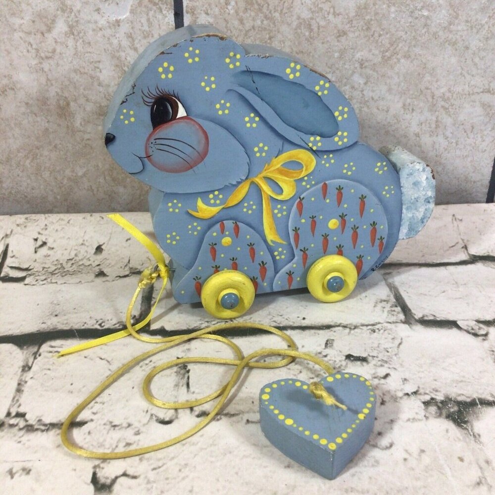 Vintage Pull-Along Toy Hand Painted Wooden Spring Bunny Rabbit Blue Flawed